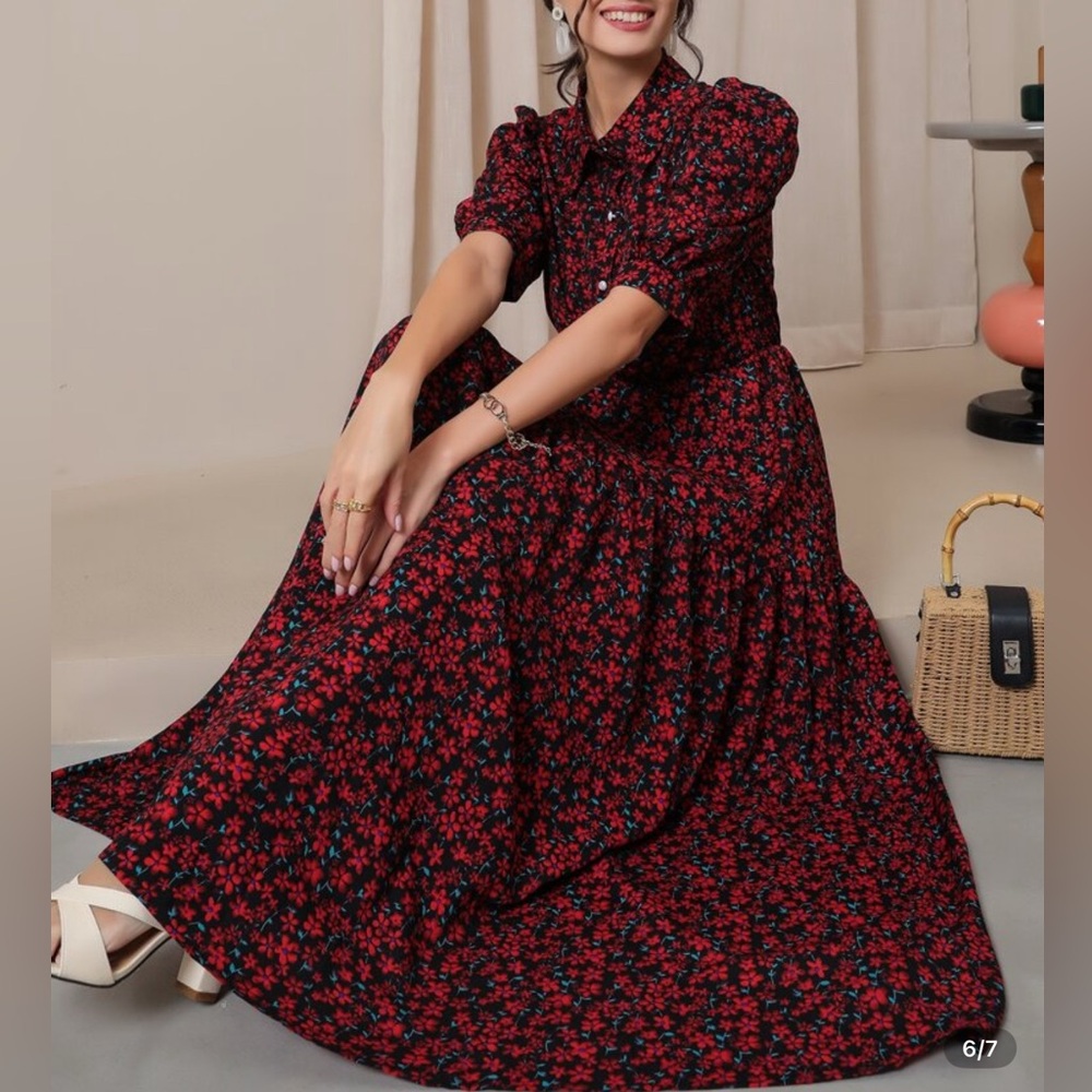 Modelyn Ditsy Floral Red and Black Women's Puff Sleeve Dress